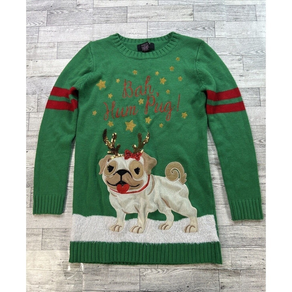 Holiday Time Bah Hum Pug Christmas Sweater‎ Size Large Green Festive